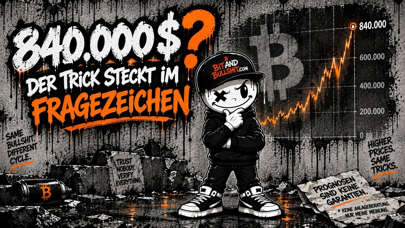 Pete mit Bitcoin-Cap steht nachdenklich vor einer Betonwand, dahinter ein steil steigender orangefarbener Chart bis zur Marke 840.000, links der Graffiti-Schriftzug „840.000 $? Der Trick steckt im Fragezeichen“, am Boden ein Schild mit „Prognosen sind keine Garantien“