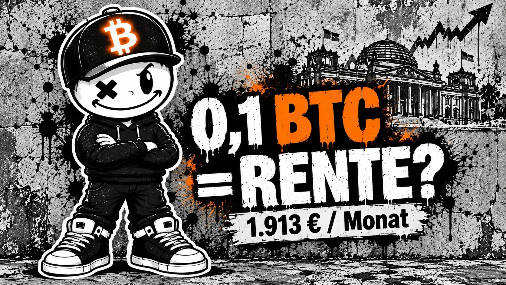 Pete mit Bitcoin-Cap steht mit verschränkten Armen und schiefem Grinsen vor einer grauen Betonwand mit dem Reichstagsgebäude und einem steigenden Kurspfeil — Graffiti-Schriftzug „0,1 BTC = RENTE? 1.913 € / Monat“