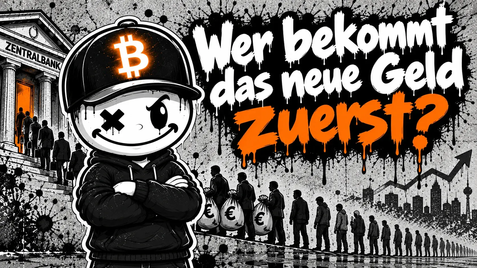 Pete mit Bitcoin-Cap und verschränkten Armen grinst vor einer Zentralbank, vor deren Eingang sich Männer im Anzug anstellen, daneben eine lange Menschenschlange mit Euro-Geldsäcken vorne und einer Stadtsilhouette mit steigendem Chartpfeil — Graffiti-Schriftzug „Wer bekommt das neue Geld zuerst?“