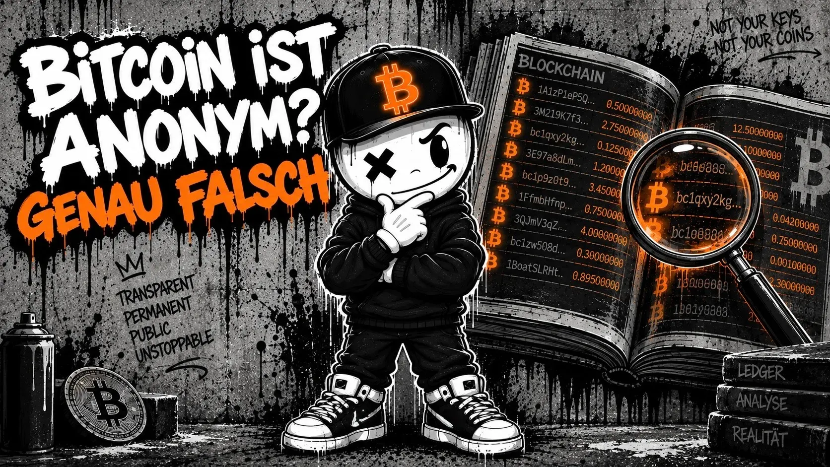 Pete mit Bitcoin-Cap steht nachdenklich vor einer Betonwand, daneben ein aufgeschlagenes riesiges Buch mit der Überschrift „Blockchain“ voller Adressen und Beträge, darüber eine Lupe, die eine Zeile vergrößert — Graffiti-Schriftzug „Bitcoin ist anonym? Genau falsch“