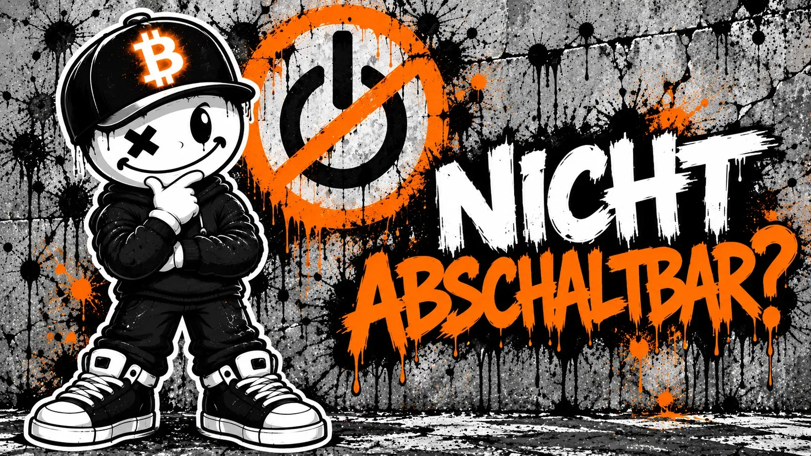 Pete mit Bitcoin-Cap steht grübelnd mit der Hand am Kinn vor einer grauen, farbbespritzten Betonwand mit einem orange durchgestrichenen Power-Symbol — Graffiti-Schriftzug „NICHT ABSCHALTBAR?“
