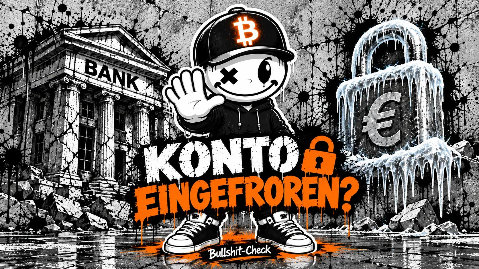 Pete mit Bitcoin-Cap hebt die Hand zur Stopp-Geste vor einem bröckelnden Bankgebäude links und einem vereisten Vorhängeschloss mit Euro-Zeichen rechts — Graffiti-Schriftzug „KONTO EINGEFROREN?“ mit orangefarbenem Schloss, darunter „Bullshit-Check“