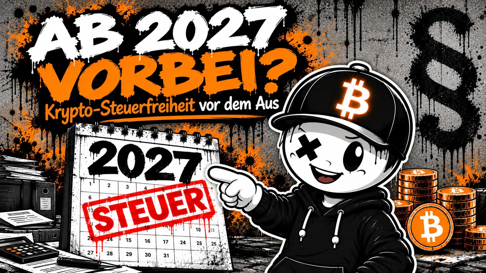 Pete mit Bitcoin-Cap zeigt grinsend auf ein Kalenderblatt mit der Jahreszahl 2027, quer darüber ein roter Stempel „STEUER“, im Hintergrund ein Paragrafenzeichen und Stapel von Bitcoin-Münzen — Graffiti-Schriftzug „Ab 2027 vorbei? Krypto-Steuerfreiheit vor dem Aus“
