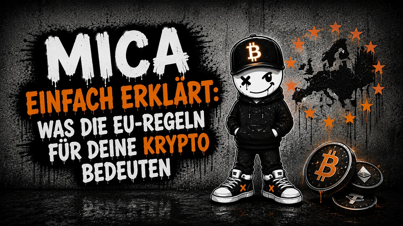 Pete steht mit den Händen in den Taschen vor einer Betonwand, rechts daneben die Umrisse Europas mit einem Kranz aus Sternen und davor mehrere Krypto-Münzen — links der Schriftzug „MiCA einfach erklärt: Was die EU-Regeln für deine Krypto bedeuten“