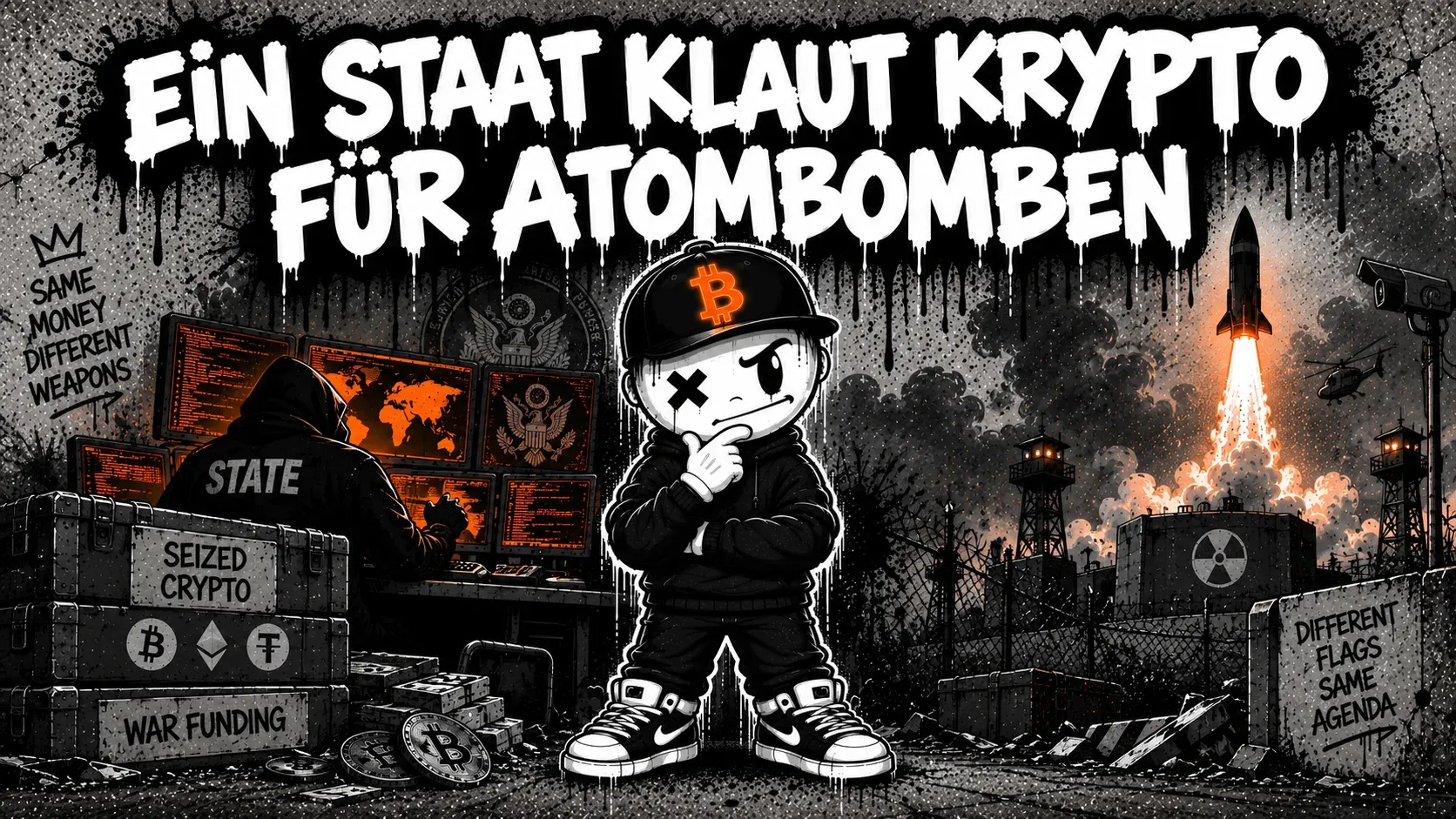 Pete mit Bitcoin-Cap steht nachdenklich vor einer Betonwand, links ein vermummter Hacker mit der Aufschrift „State“ vor mehreren Bildschirmen voller Code, davor Kisten mit den Aufschriften „Seized Crypto“ und „War Funding“, rechts hinter einem Stacheldrahtzaun eine startende Rakete — Graffiti-Schriftzug „Ein Staat klaut Krypto für Atombomben“