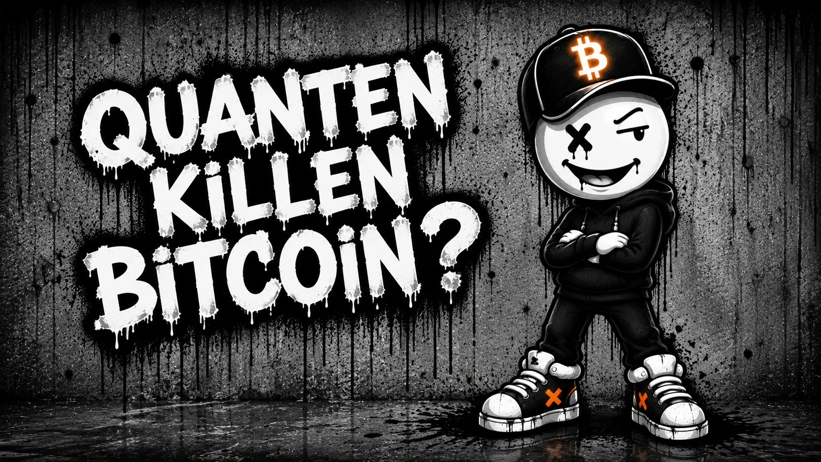 Pete steht gelassen mit verschränkten Armen und zwinkert — links der gesprühte Schriftzug „Quanten killen Bitcoin?“