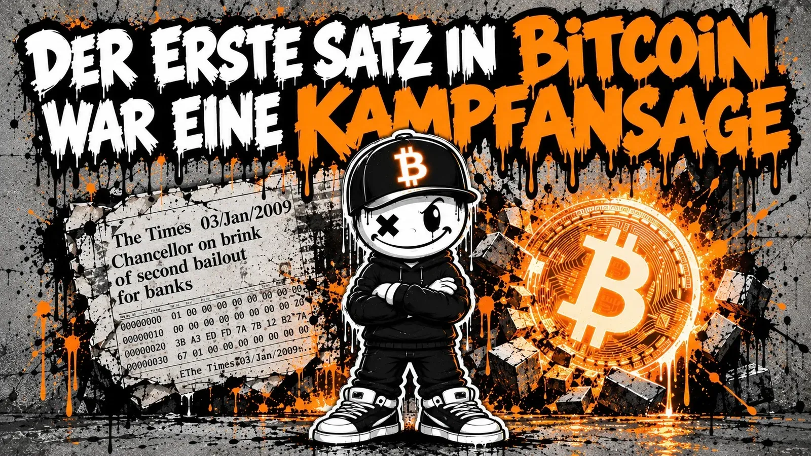 Pete mit Bitcoin-Cap steht mit verschränkten Armen vor einer Betonwand, links ein Zeitungsausriss mit der Schlagzeile „The Times 03/Jan/2009 Chancellor on brink of second bailout for banks“ über einem Hex-Ausdruck, rechts eine orange leuchtende Bitcoin-Münze — Graffiti-Schriftzug „Der erste Satz in Bitcoin war eine Kampfansage“
