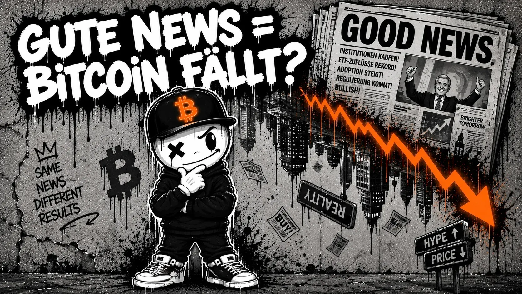 Pete mit Bitcoin-Cap steht nachdenklich vor einer Betonwand, rechts ein Stapel Zeitungen mit der Schlagzeile „Good News“ und lauter positiven Meldungen, davor ein orange leuchtender Kurspfeil, der steil nach unten zeigt, dazu Schilder mit „Hype ↑“ und „Price ↓“ — Graffiti-Schriftzug „Gute News = Bitcoin fällt?“
