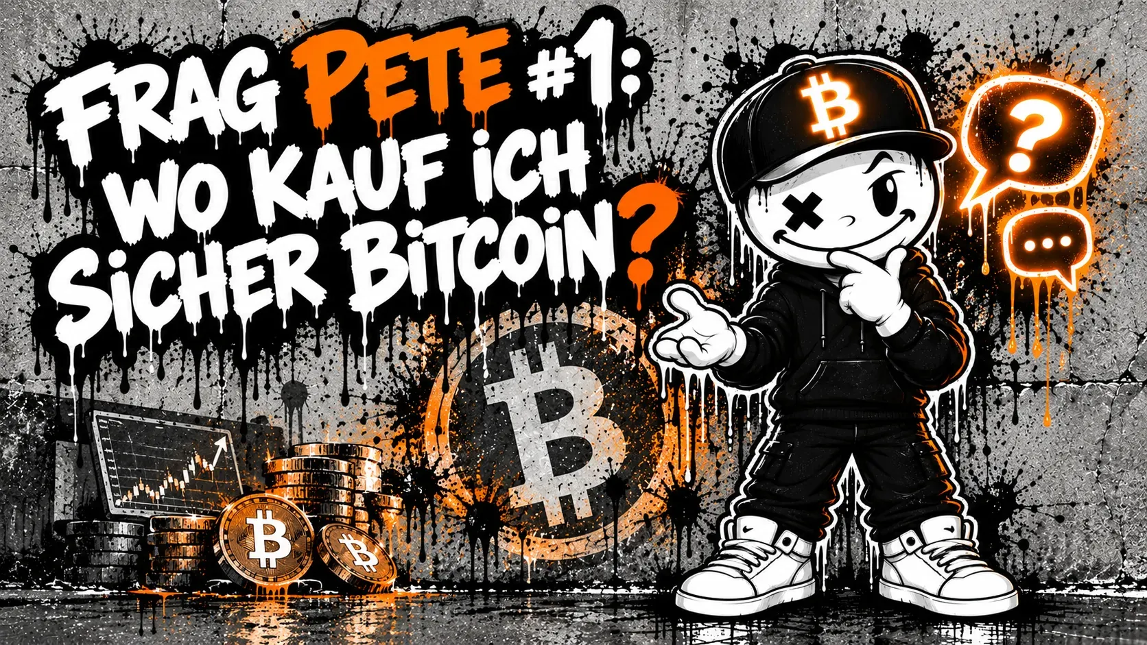 Pete mit Bitcoin-Cap steht nachdenklich vor einer Betonwand und zeigt mit offener Hand auf einen Stapel Bitcoin-Münzen, rechts zwei leuchtende Sprechblasen mit Fragezeichen — Graffiti-Schriftzug „Frag Pete #1: Wo kauf ich sicher Bitcoin?“